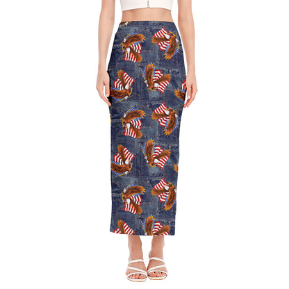 Denim American Eagle Pattern Print Side Slit Maxi Skirt