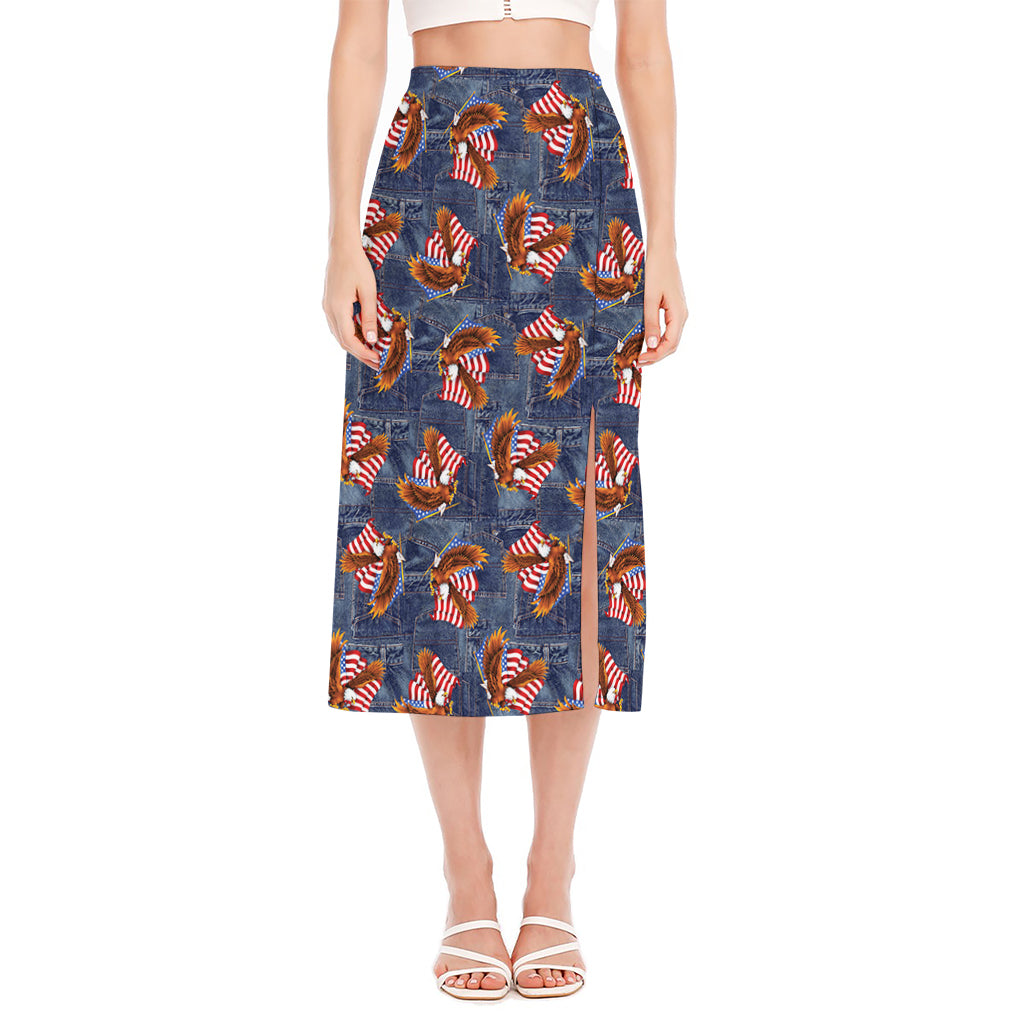 Denim American Eagle Pattern Print Side Slit Midi Skirt