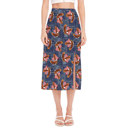 Denim American Eagle Pattern Print Side Slit Midi Skirt