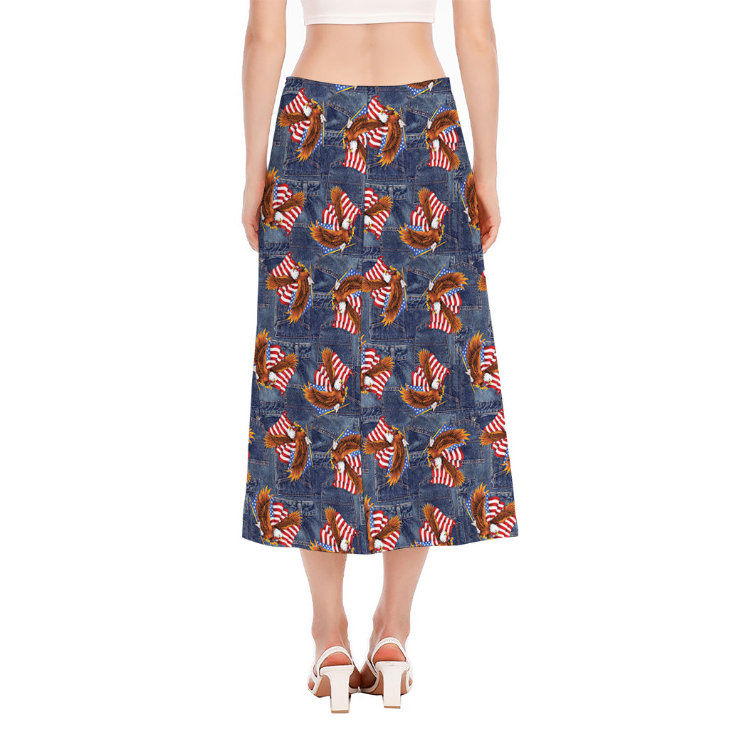 Denim American Eagle Pattern Print Side Slit Midi Skirt