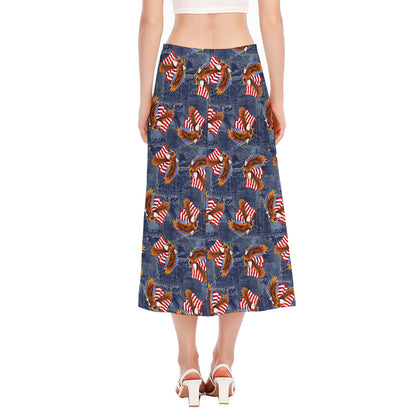 Denim American Eagle Pattern Print Side Slit Midi Skirt