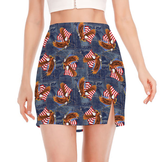 Denim American Eagle Pattern Print Side Slit Mini Skirt