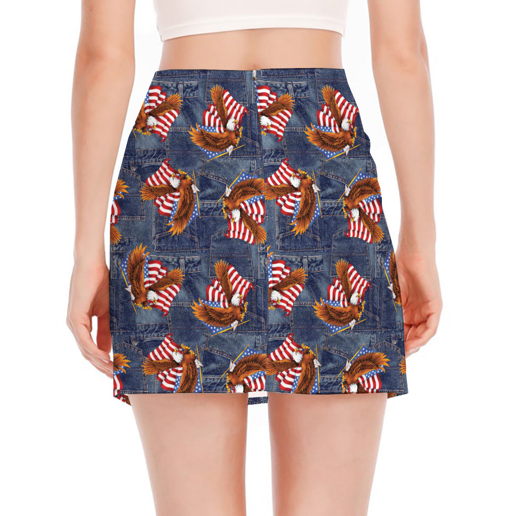 Denim American Eagle Pattern Print Side Slit Mini Skirt