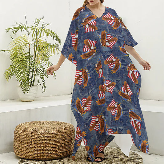 Denim American Eagle Pattern Print Silk V-Neck Kaftan Dress