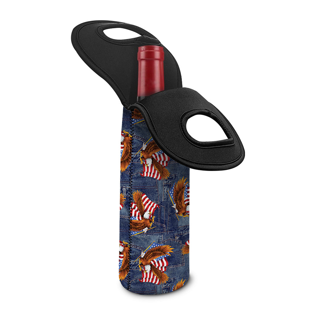 Denim American Eagle Pattern Print Single Neoprene Wine Tote