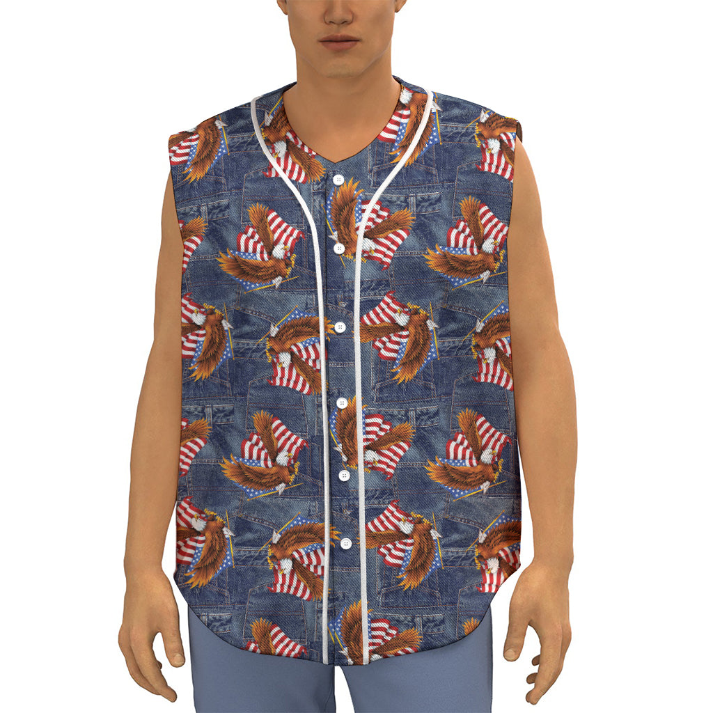 Denim American Eagle Pattern Print Sleeveless Baseball Jersey