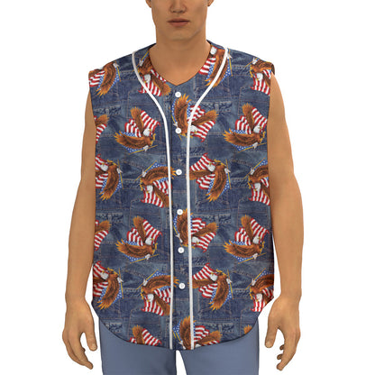 Denim American Eagle Pattern Print Sleeveless Baseball Jersey