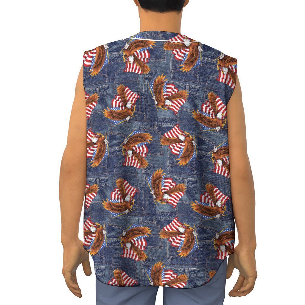 Denim American Eagle Pattern Print Sleeveless Baseball Jersey