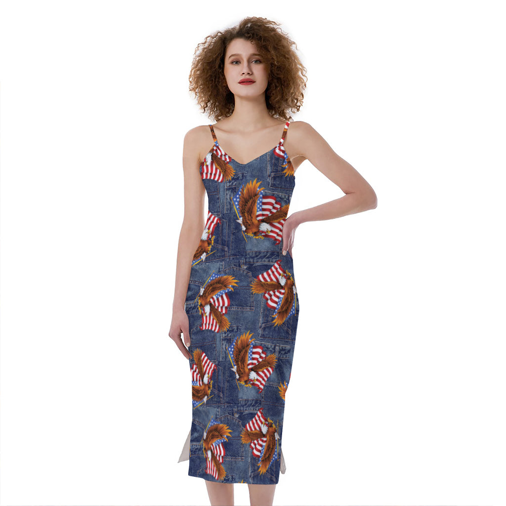 Denim American Eagle Pattern Print Slim Fit Midi Cami Dress
