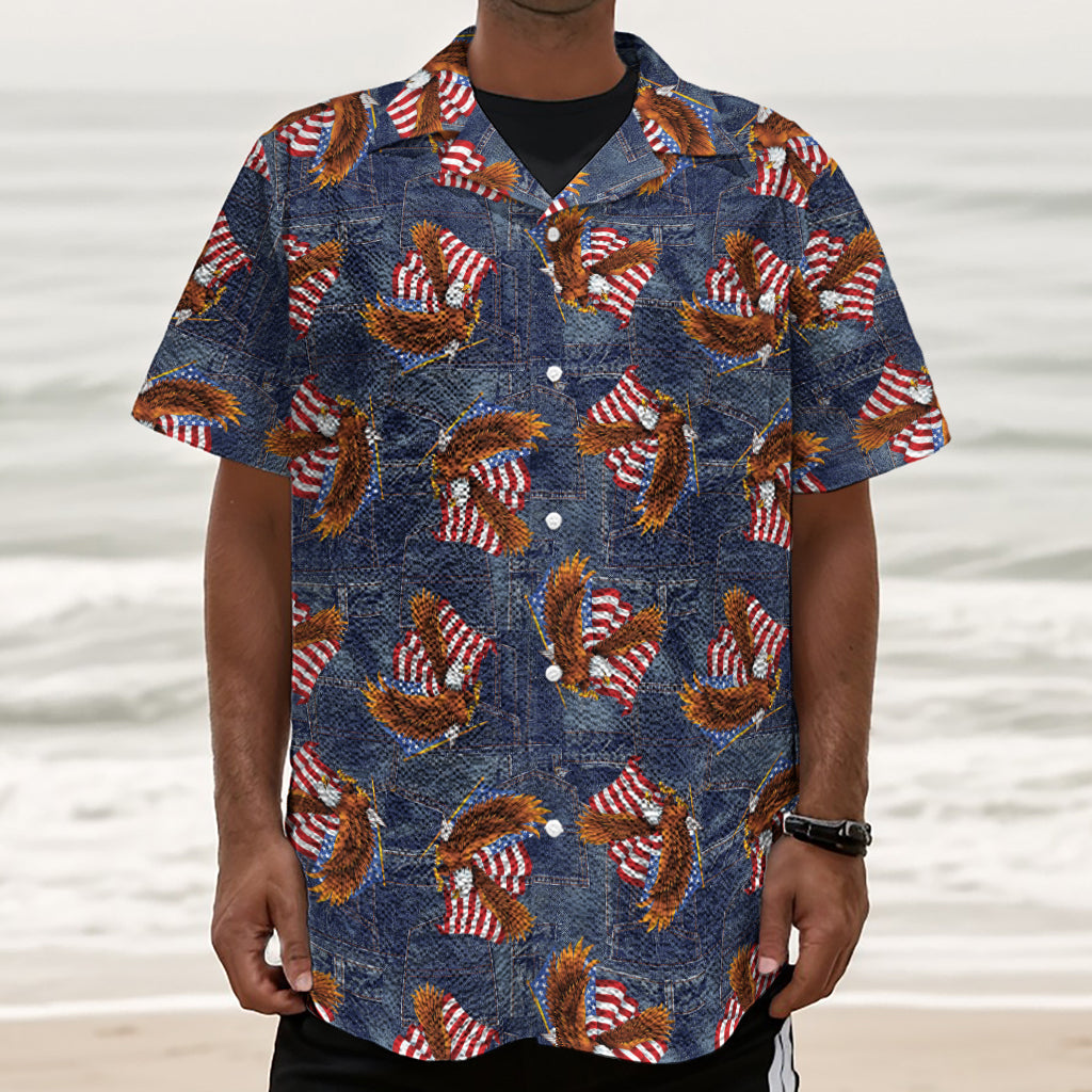 Denim American Eagle Pattern Print Textured Short Sleeve Shirt
