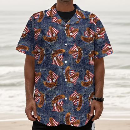 Denim American Eagle Pattern Print Textured Short Sleeve Shirt