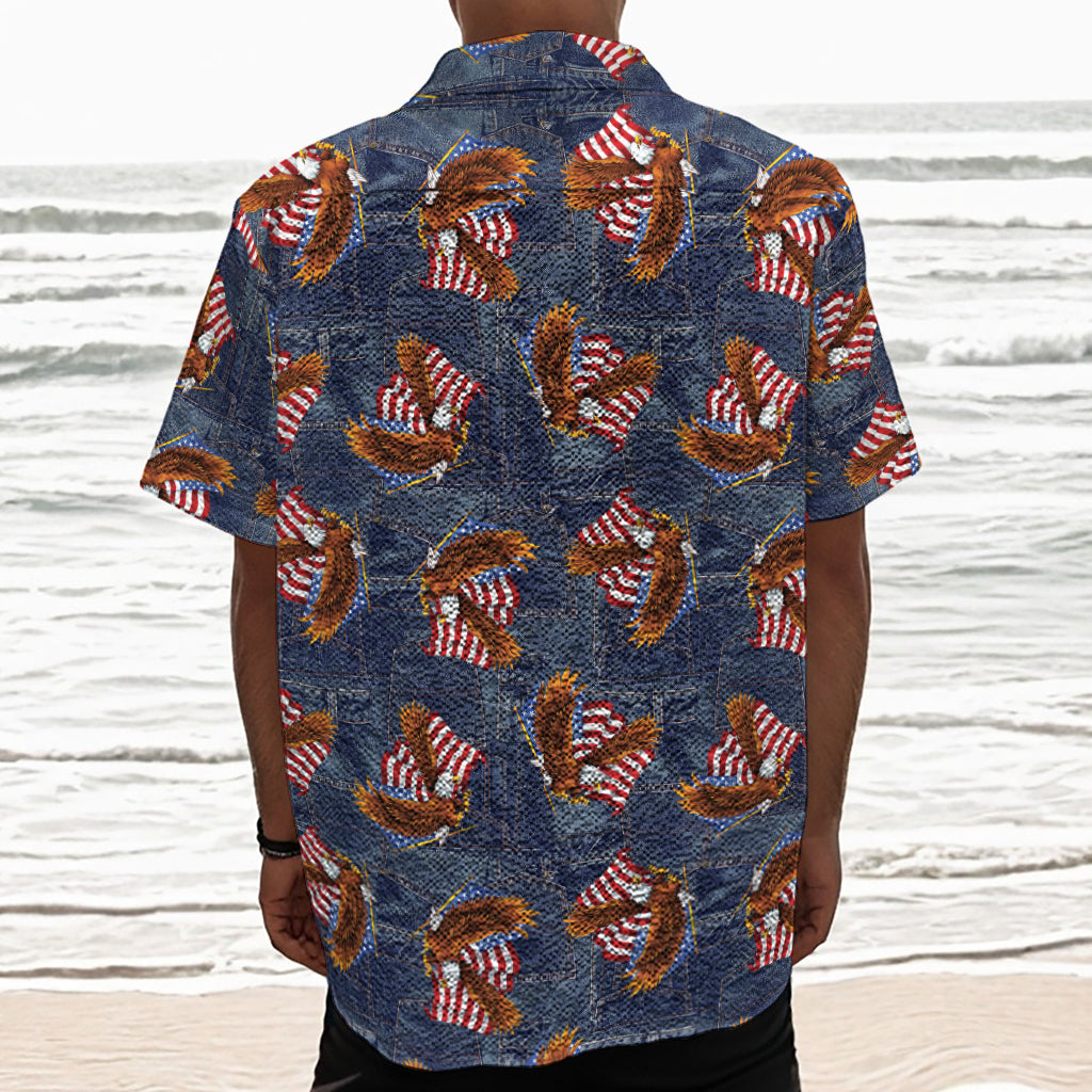 Denim American Eagle Pattern Print Textured Short Sleeve Shirt