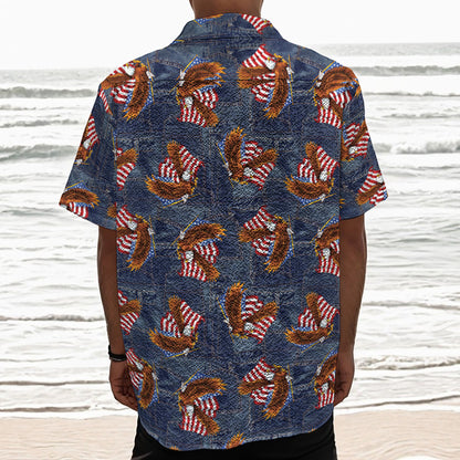 Denim American Eagle Pattern Print Textured Short Sleeve Shirt