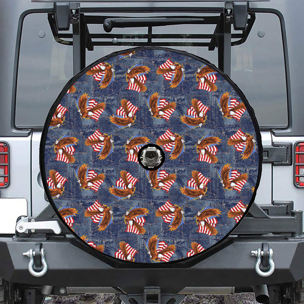 Denim American Eagle Pattern Print Tire Cover With Camera Hole