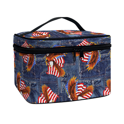 Denim American Eagle Pattern Print Travel Makeup Bag