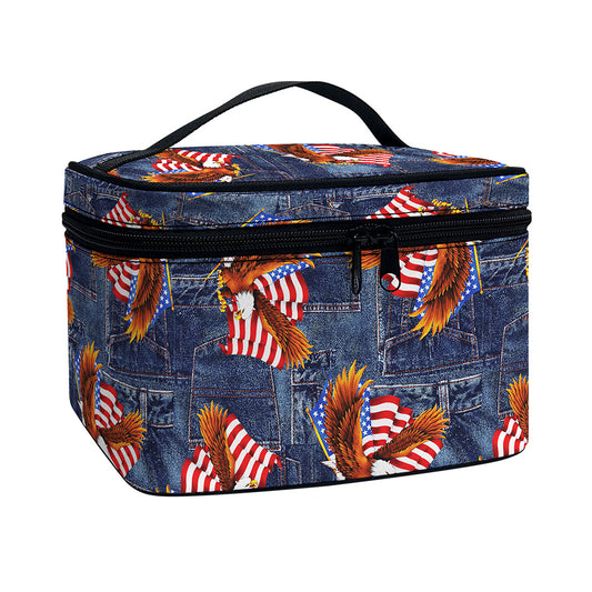 Denim American Eagle Pattern Print Travel Makeup Bag