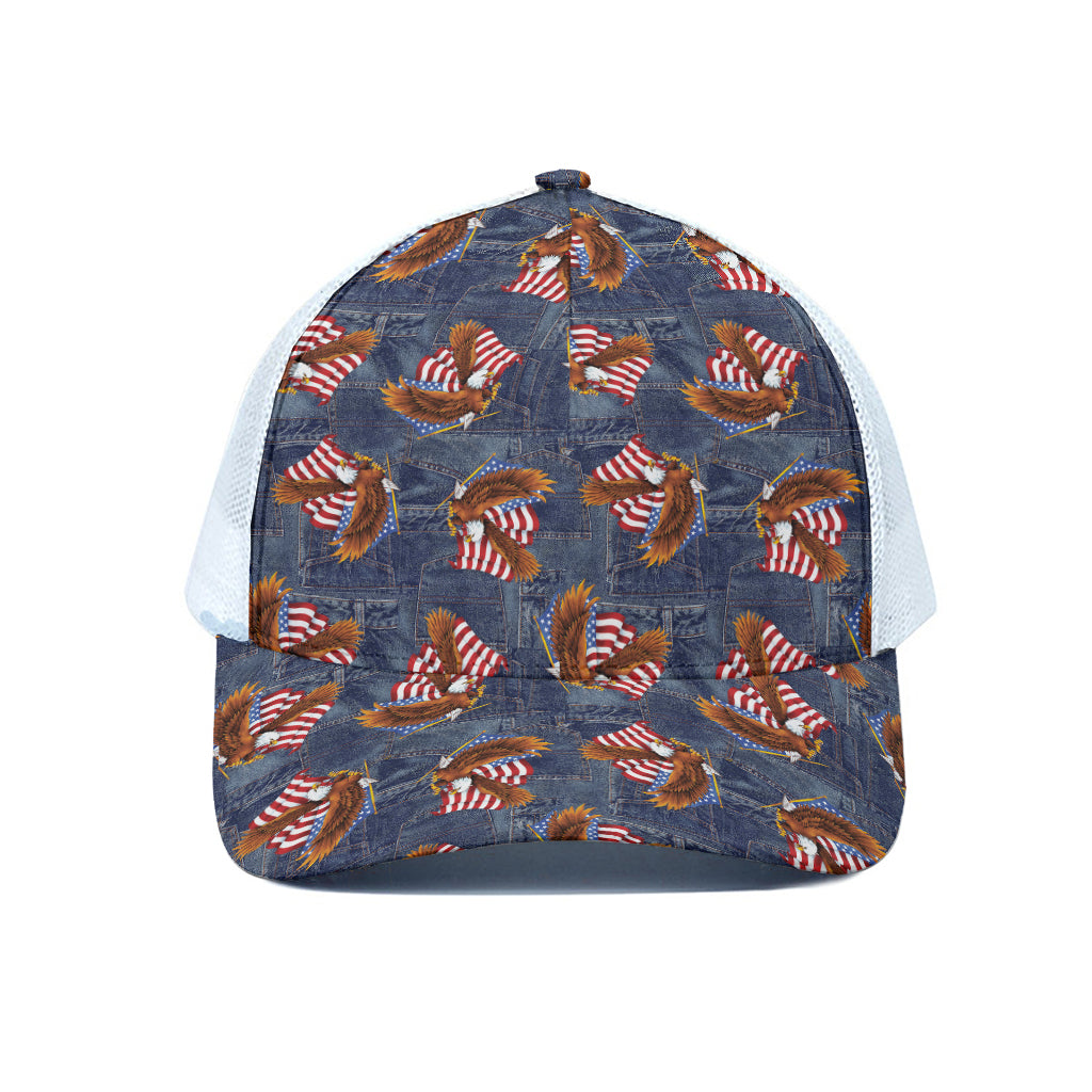 Denim American Eagle Pattern Print White Mesh Trucker Cap