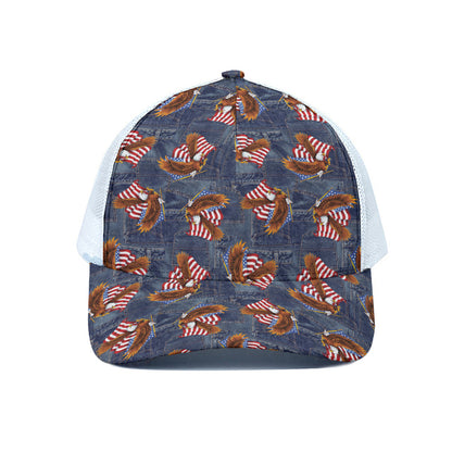 Denim American Eagle Pattern Print White Mesh Trucker Cap