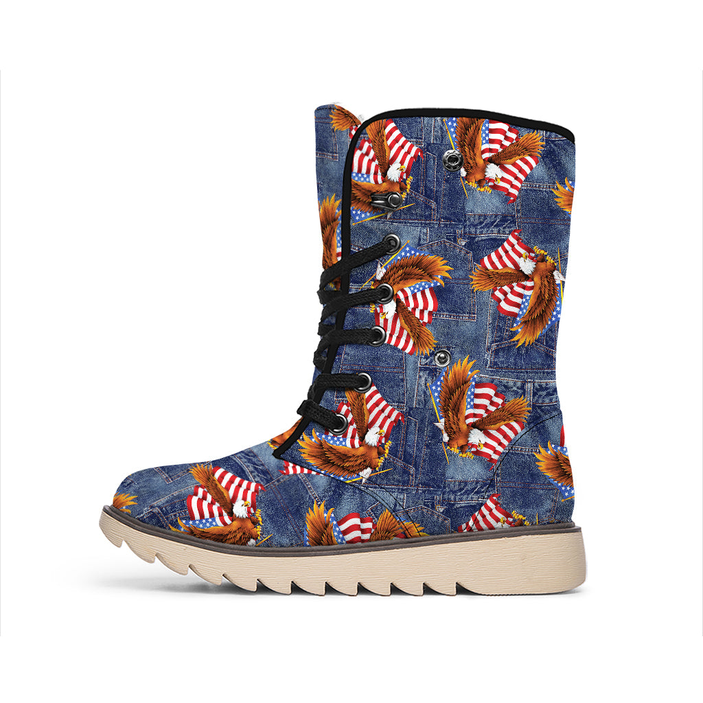 Denim American Eagle Pattern Print Winter Boots