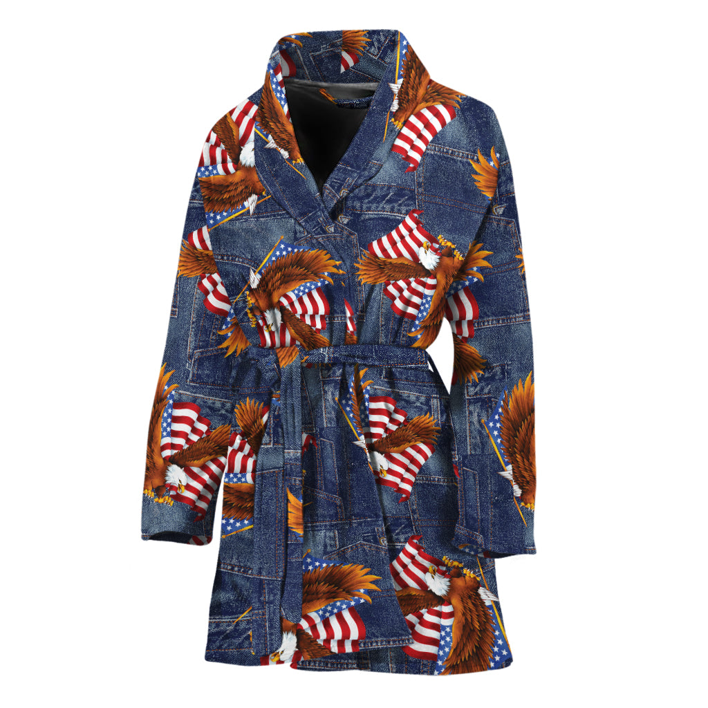 Denim American Eagle Pattern Print Women's Bathrobe