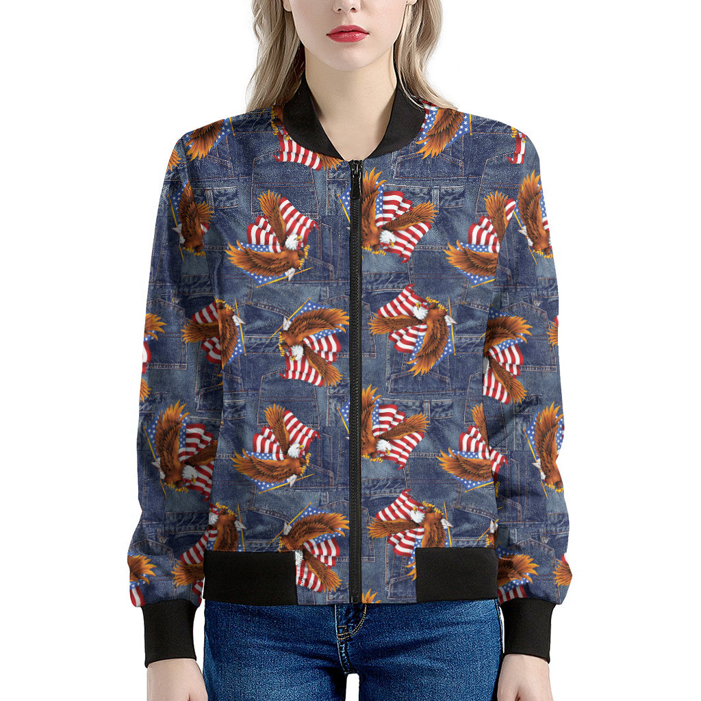 Denim American Eagle Pattern Print Women's Bomber Jacket