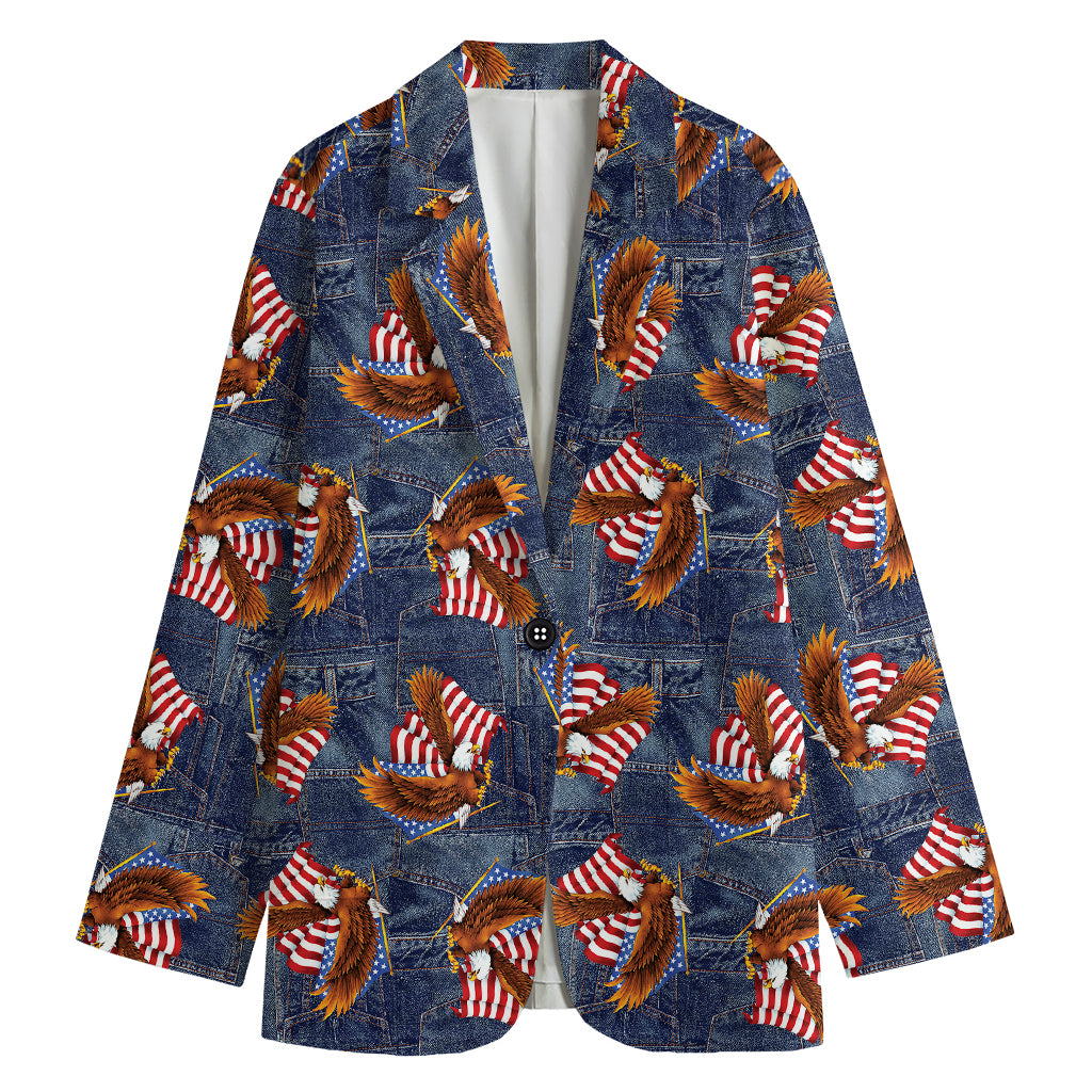 Denim American Eagle Pattern Print Women's Cotton Blazer