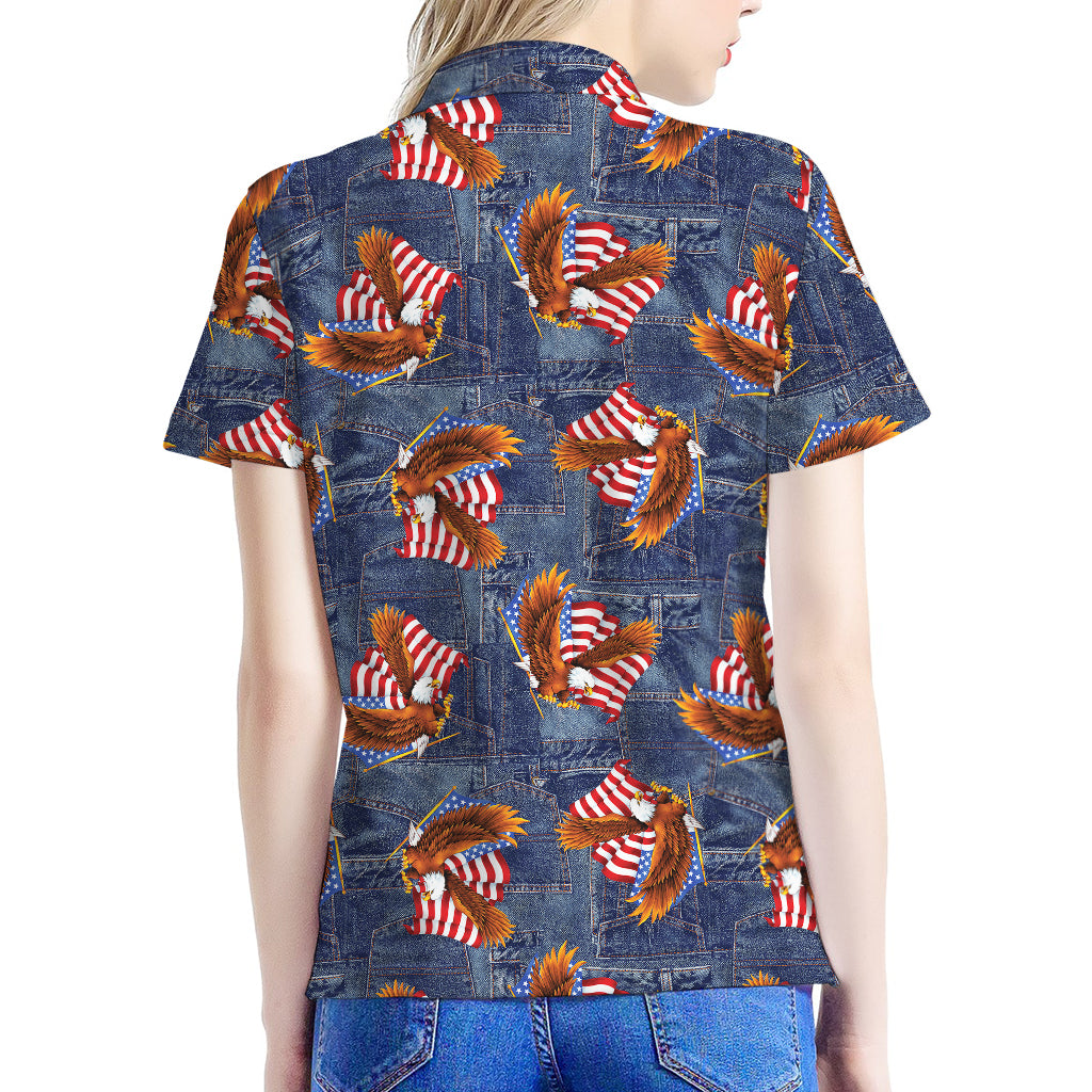 Denim American Eagle Pattern Print Women's Polo Shirt