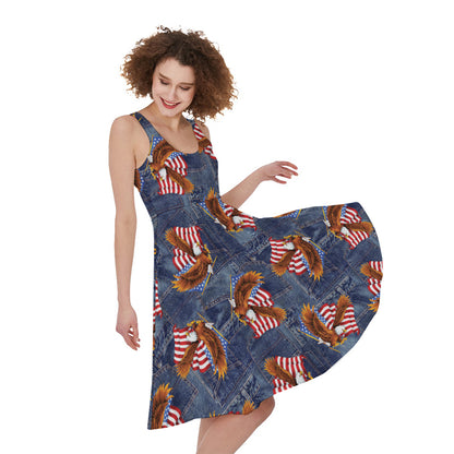 Denim American Eagle Pattern Print Women's Sleeveless Dress