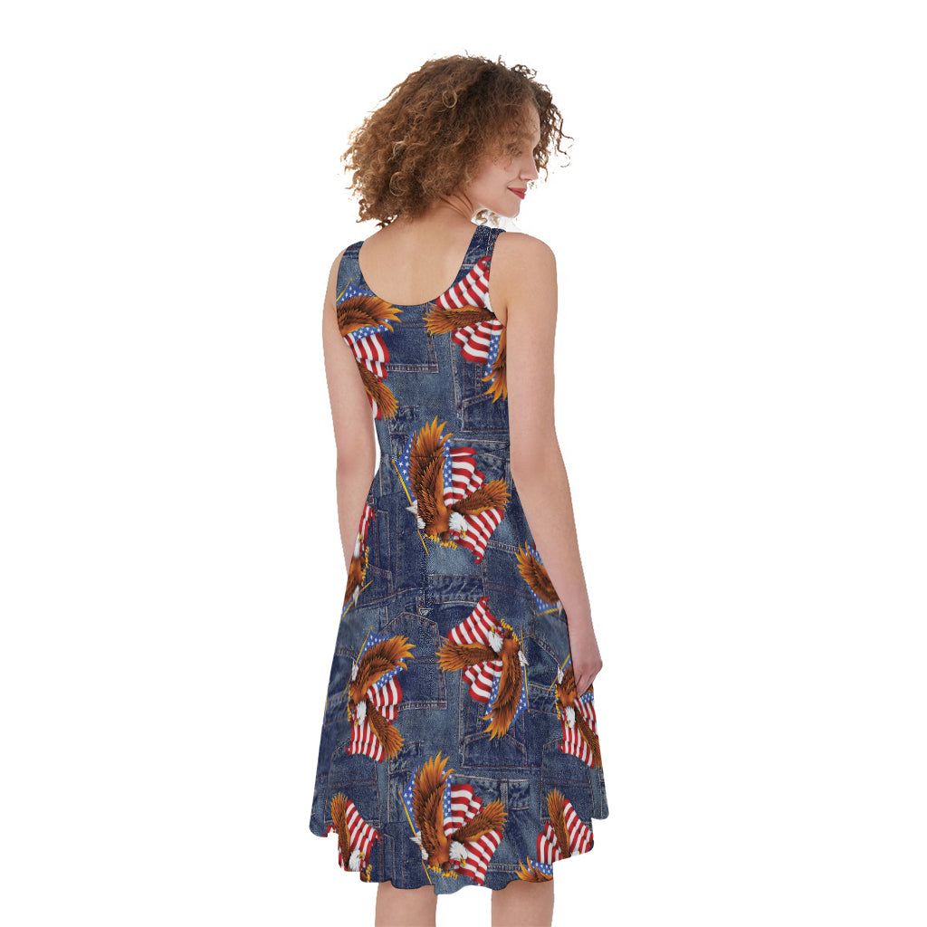Denim American Eagle Pattern Print Women's Sleeveless Dress