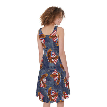 Denim American Eagle Pattern Print Women's Sleeveless Dress
