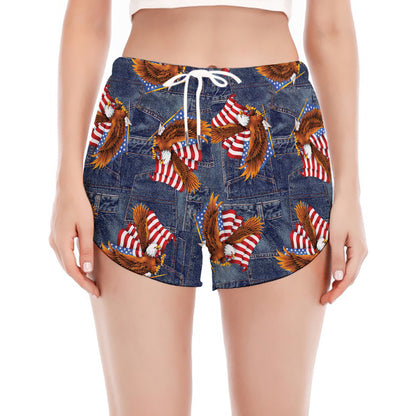 Denim American Eagle Pattern Print Women's Split Running Shorts