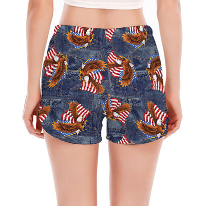 Denim American Eagle Pattern Print Women's Split Running Shorts