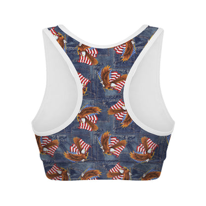Denim American Eagle Pattern Print Women's Sports Bra