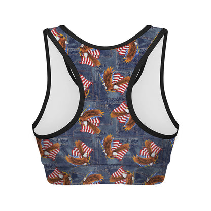 Denim American Eagle Pattern Print Women's Sports Bra