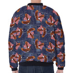 Denim American Eagle Pattern Print Zip Sleeve Bomber Jacket