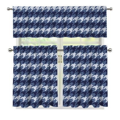 Denim Houndstooth Pattern Print 3 Piece Kitchen Curtains