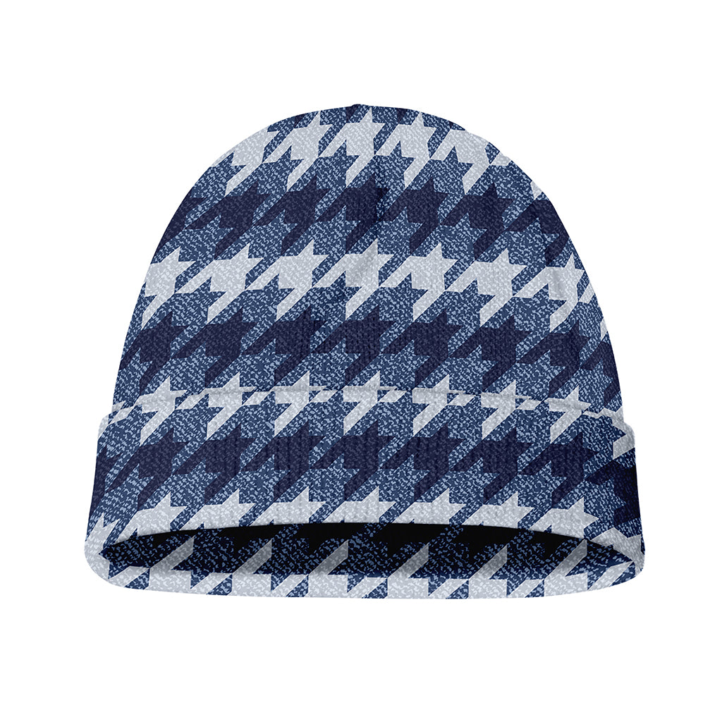 Denim Houndstooth Pattern Print Beanie