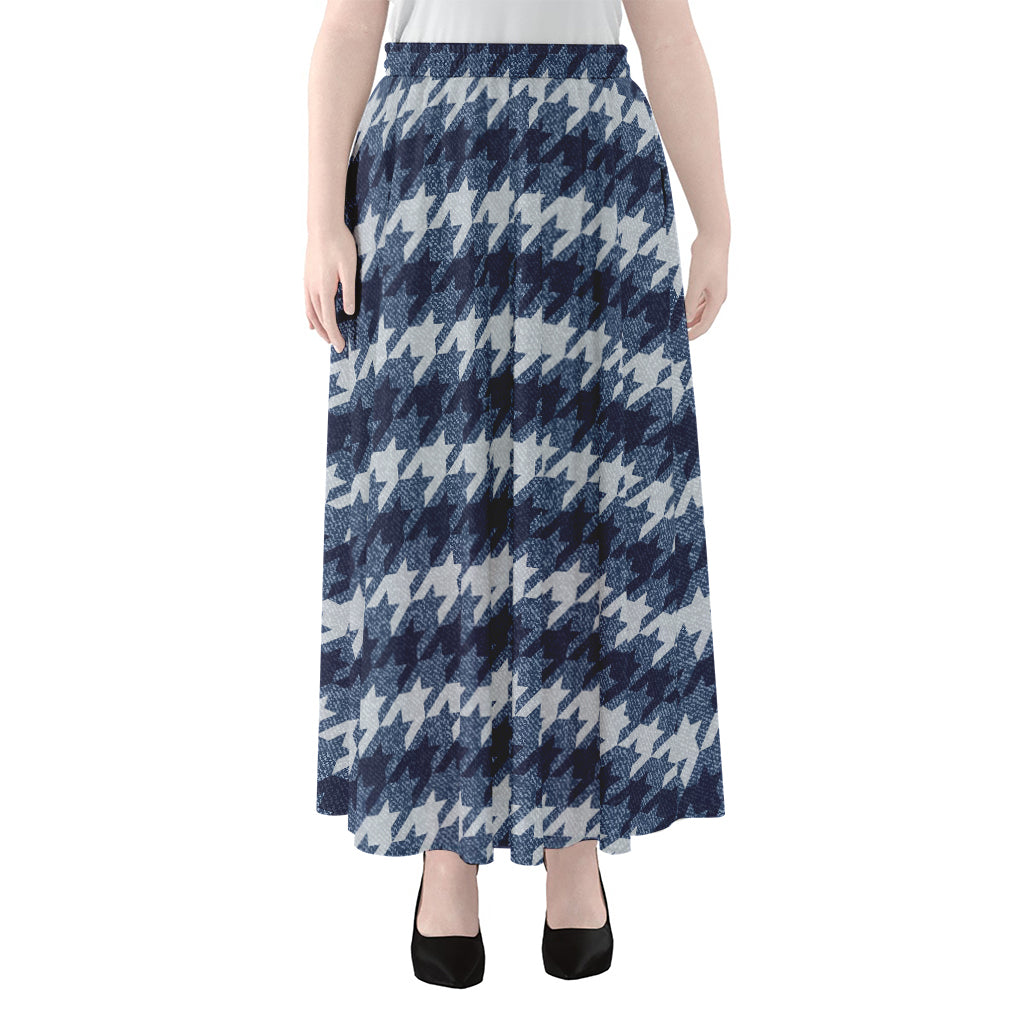 Denim Houndstooth Pattern Print Chiffon Maxi Skirt