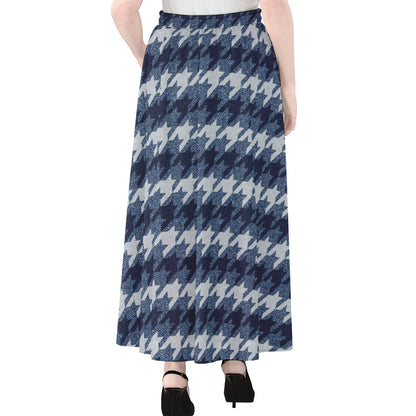 Denim Houndstooth Pattern Print Chiffon Maxi Skirt