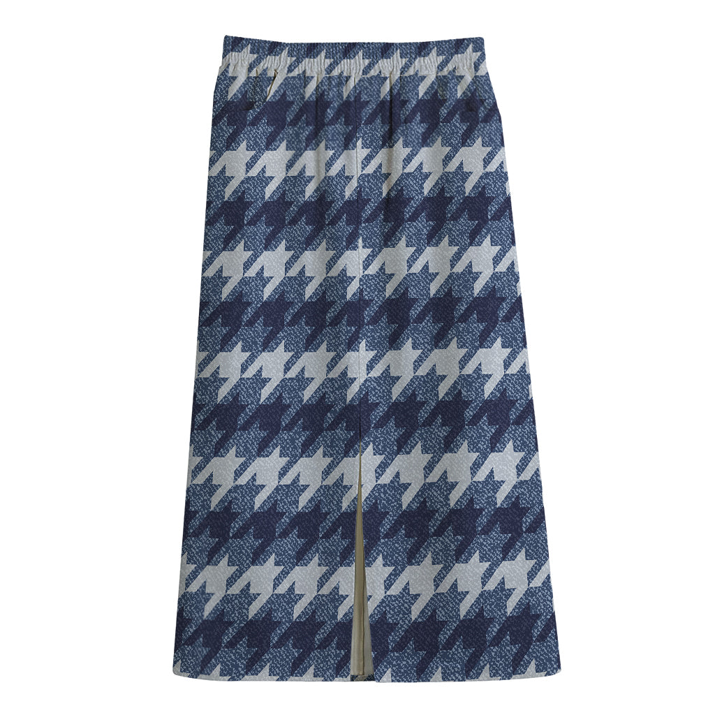 Denim Houndstooth Pattern Print Cotton Front Slit Maxi Skirt