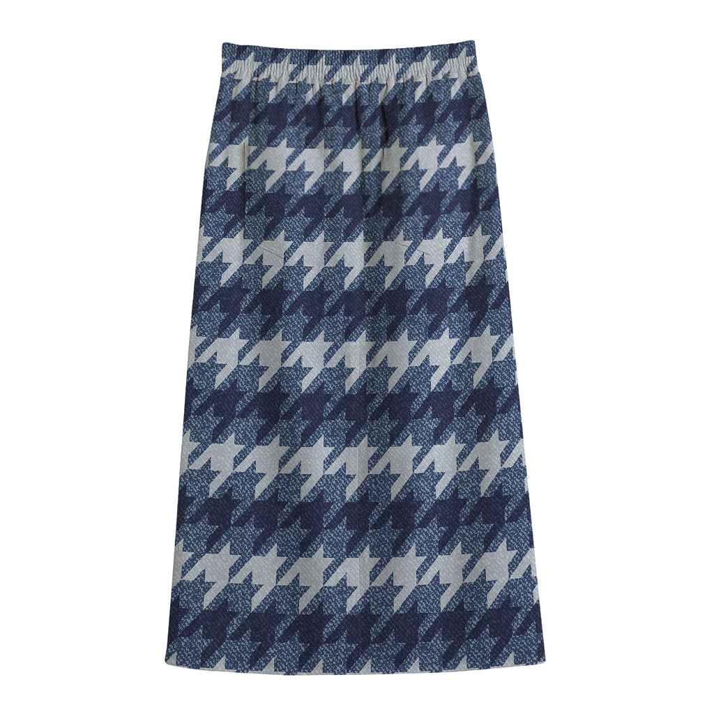 Denim Houndstooth Pattern Print Cotton Front Slit Maxi Skirt