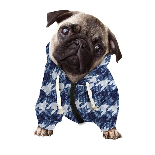 Denim Houndstooth Pattern Print Dog Zip Up Hoodie