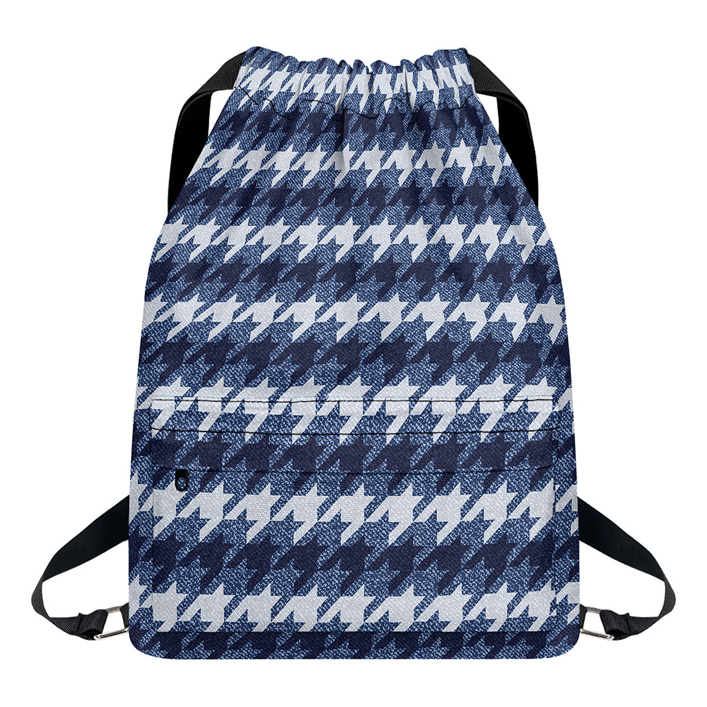Denim Houndstooth Pattern Print Drawstring Backpack