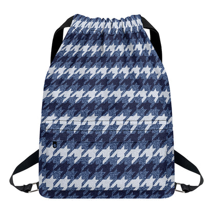 Denim Houndstooth Pattern Print Drawstring Backpack