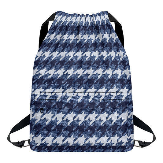 Denim Houndstooth Pattern Print Drawstring Backpack