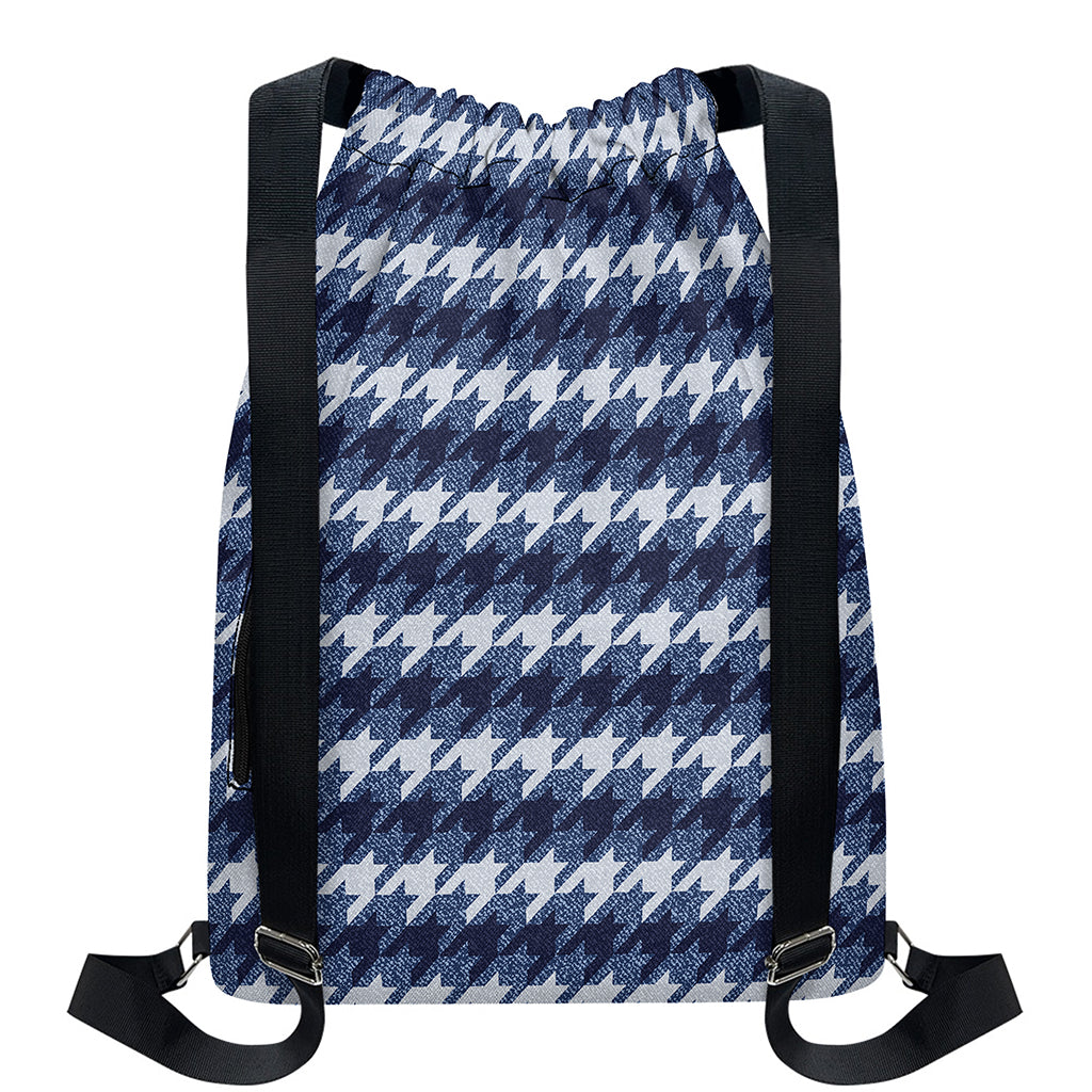 Denim Houndstooth Pattern Print Drawstring Backpack