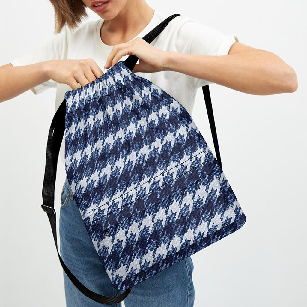 Denim Houndstooth Pattern Print Drawstring Backpack