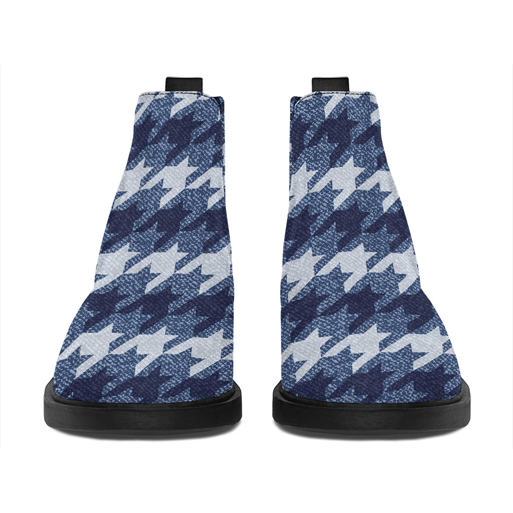 Denim Houndstooth Pattern Print Flat Ankle Boots