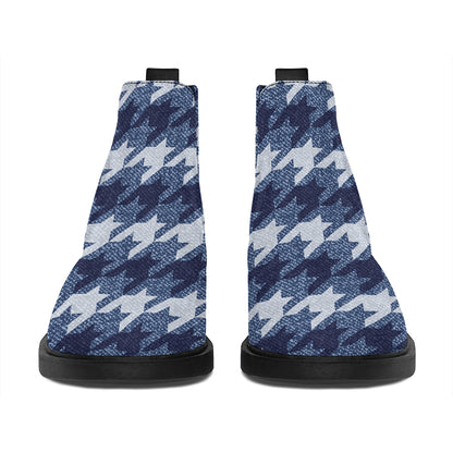 Denim Houndstooth Pattern Print Flat Ankle Boots