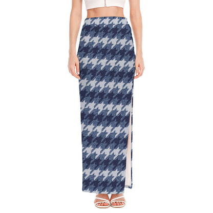 Denim Houndstooth Pattern Print High Slit Maxi Skirt